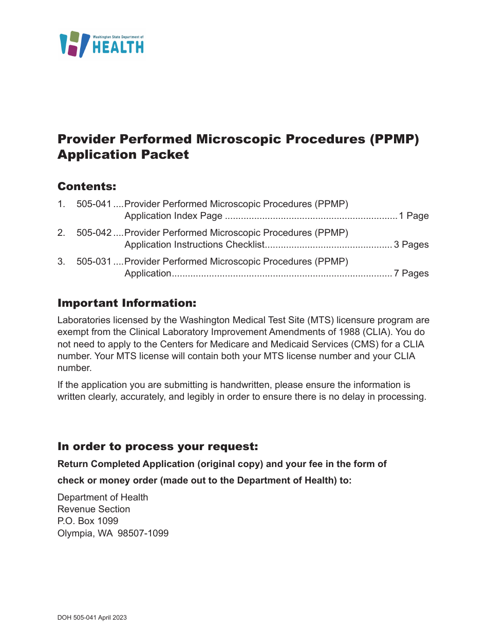 DOH Form 505-031 Provider Performed Microscopic Procedures (Ppmp) Medical Test Site License Application - Washington, Page 1