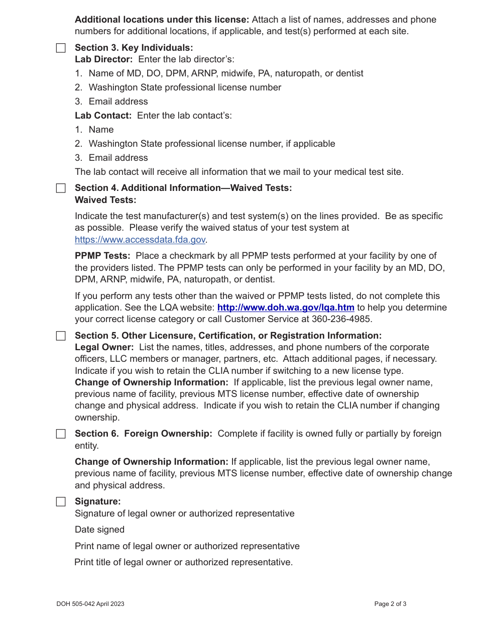 DOH Form 505-031 Provider Performed Microscopic Procedures (Ppmp) Medical Test Site License Application - Washington, Page 4