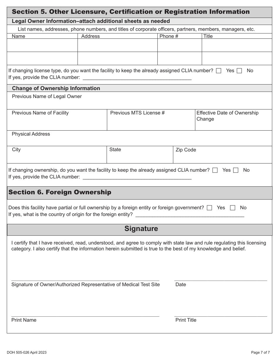 DOH Form 505-026 Certificate of Waiver Medical Test Site License Application - Washington, Page 13