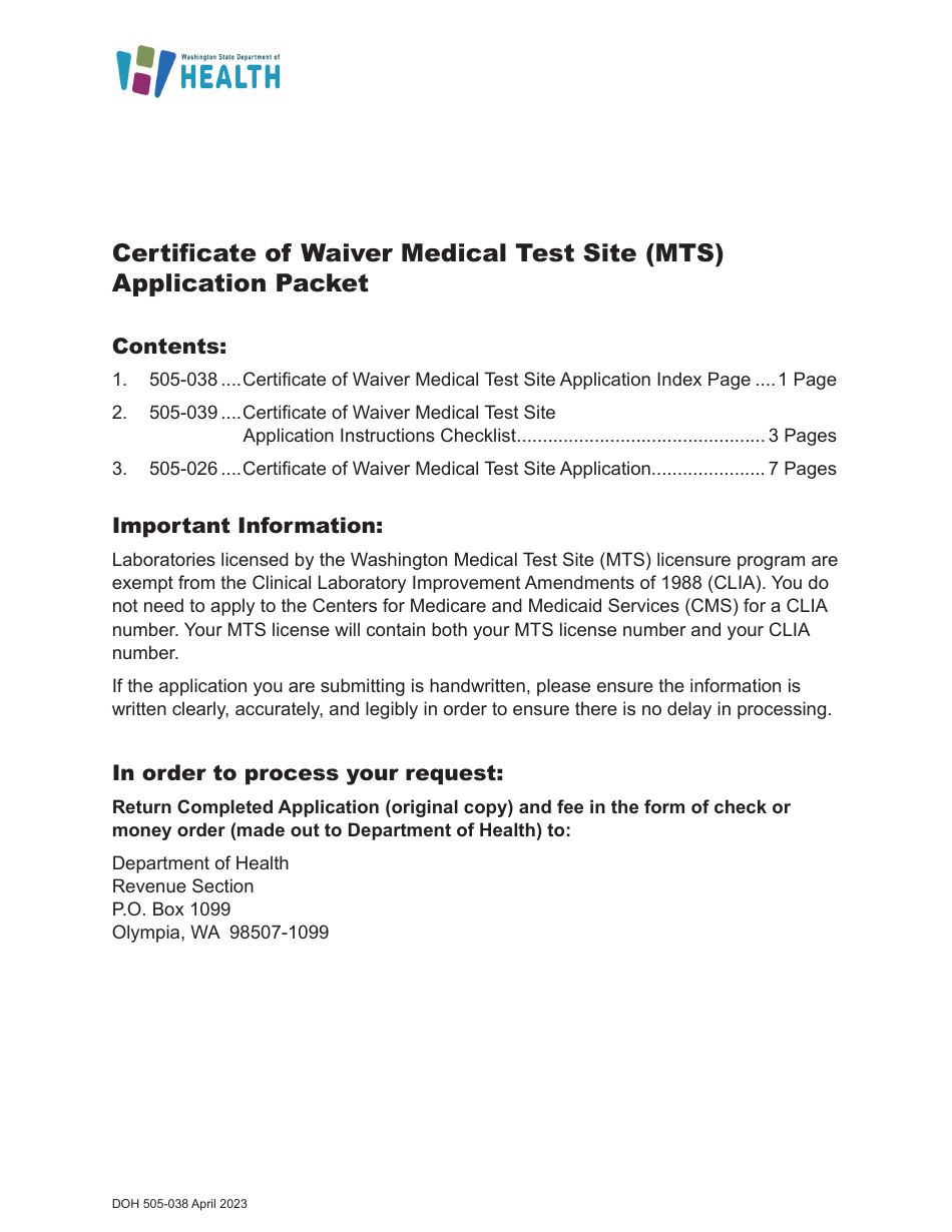 DOH Form 505-026 Certificate of Waiver Medical Test Site License Application - Washington, Page 1