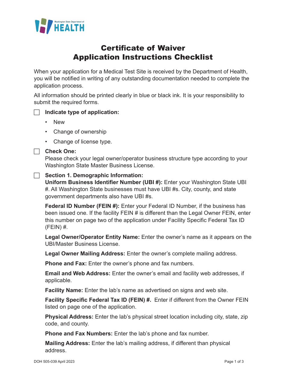 DOH Form 505-026 Certificate of Waiver Medical Test Site License Application - Washington, Page 3