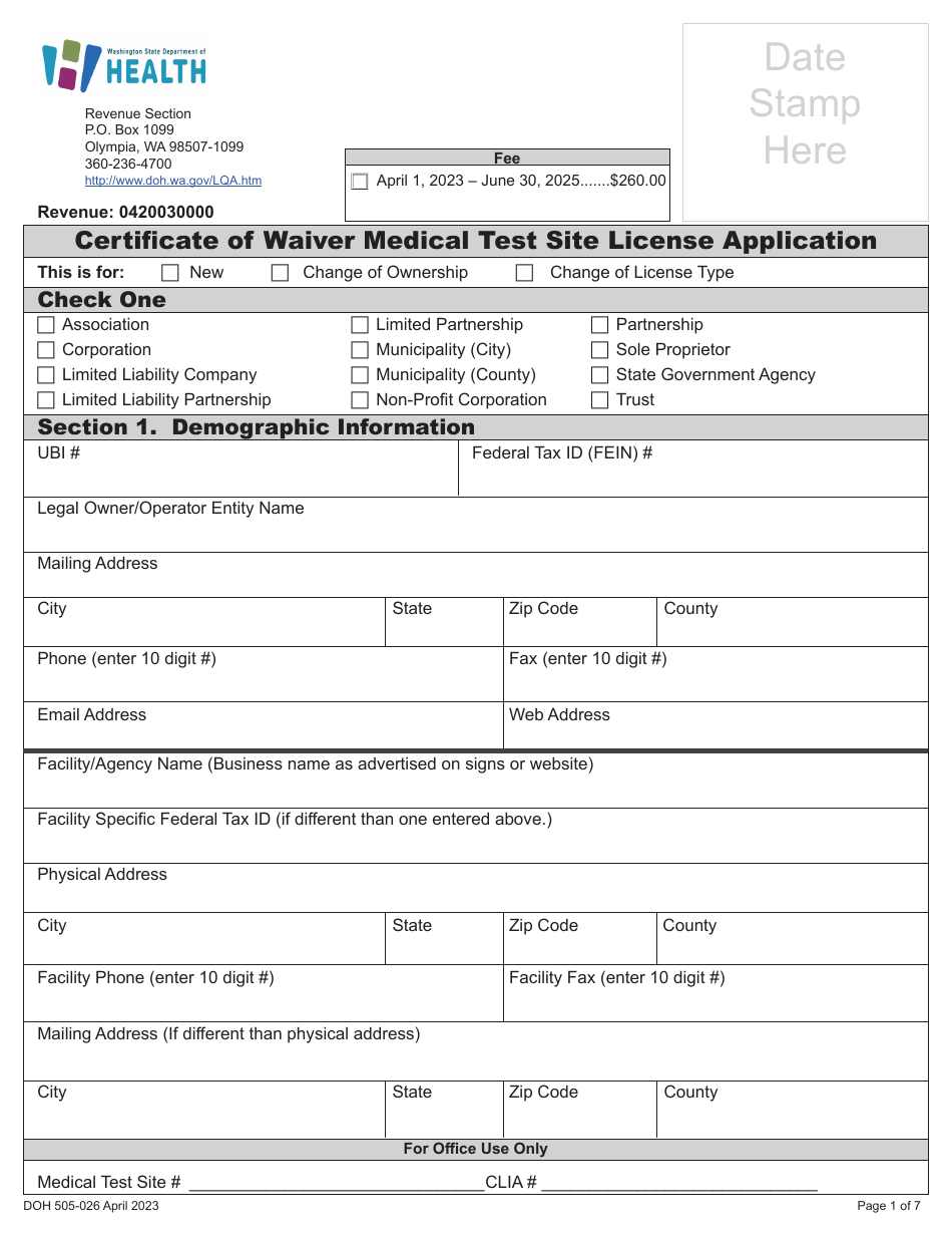 DOH Form 505-026 Certificate of Waiver Medical Test Site License Application - Washington, Page 7