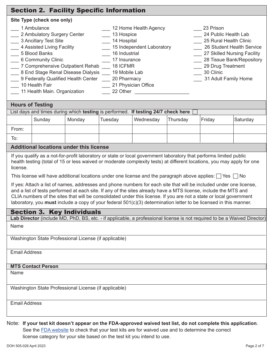 DOH Form 505-026 Certificate of Waiver Medical Test Site License Application - Washington, Page 8