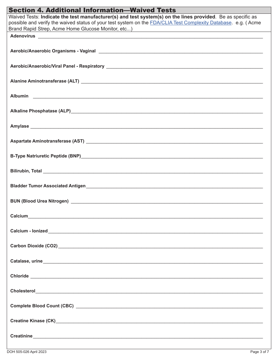DOH Form 505-026 Certificate of Waiver Medical Test Site License Application - Washington, Page 9