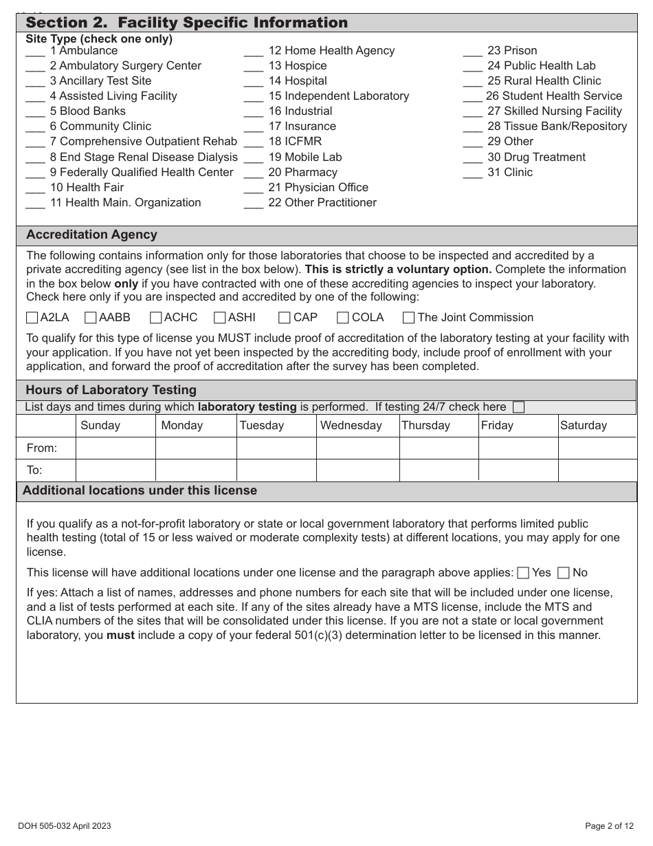DOH Form 505-032 Accredited Medical Test Site License Application - Washington, Page 10
