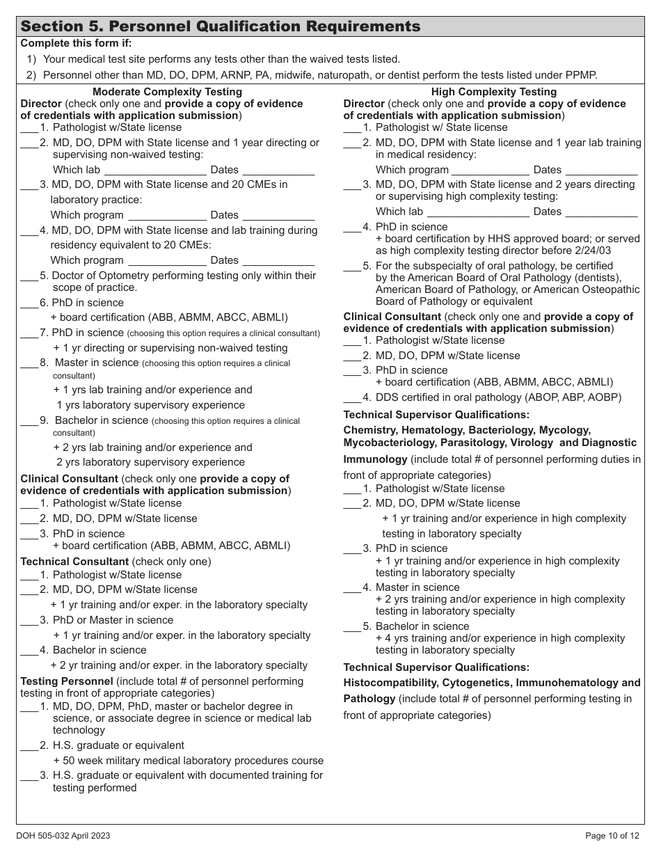 DOH Form 505-032 Accredited Medical Test Site License Application - Washington, Page 18