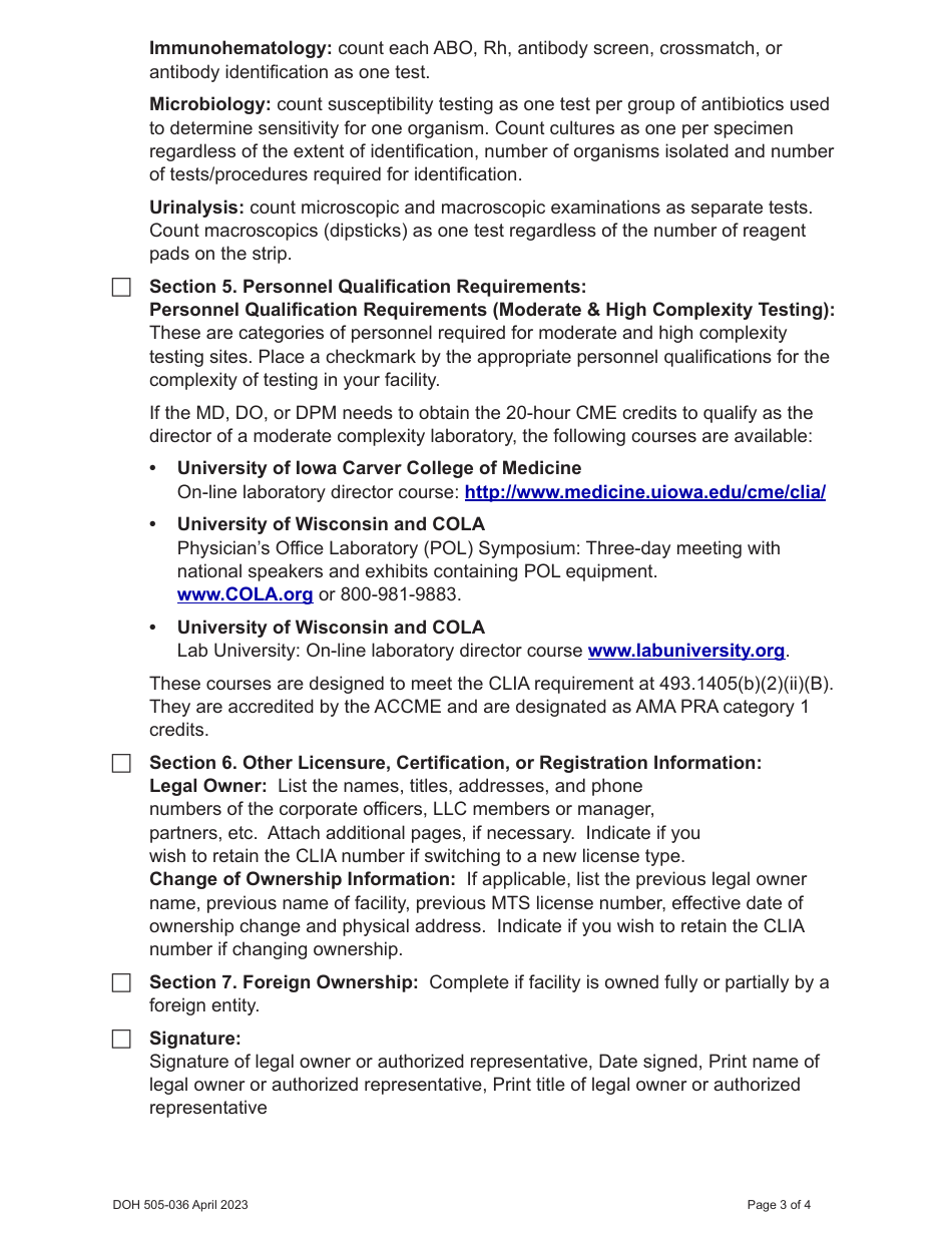 DOH Form 505-032 Accredited Medical Test Site License Application - Washington, Page 5