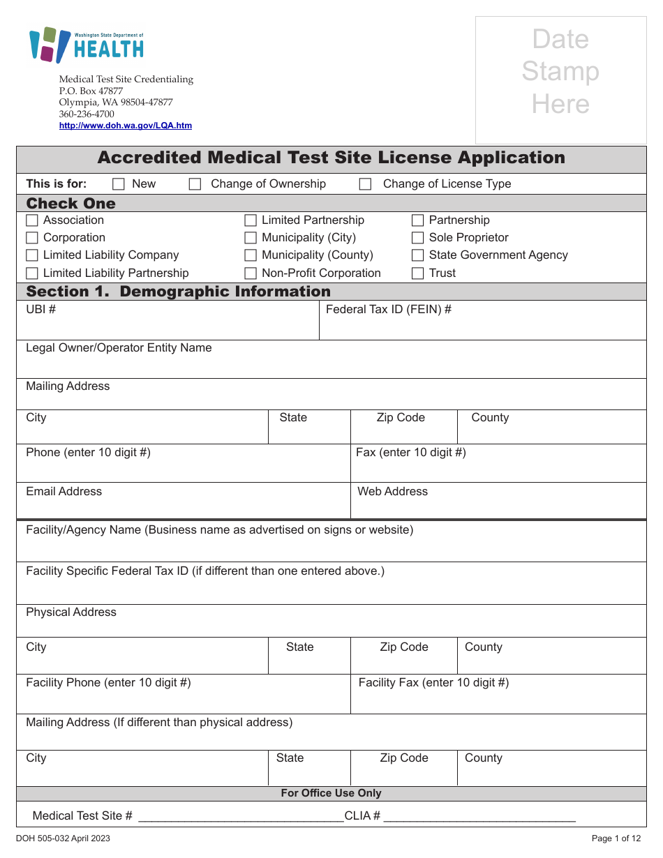 DOH Form 505-032 Accredited Medical Test Site License Application - Washington, Page 9