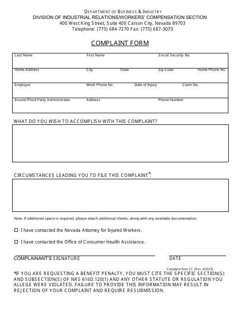 Northern Complaint Form - Nevada Download Pdf