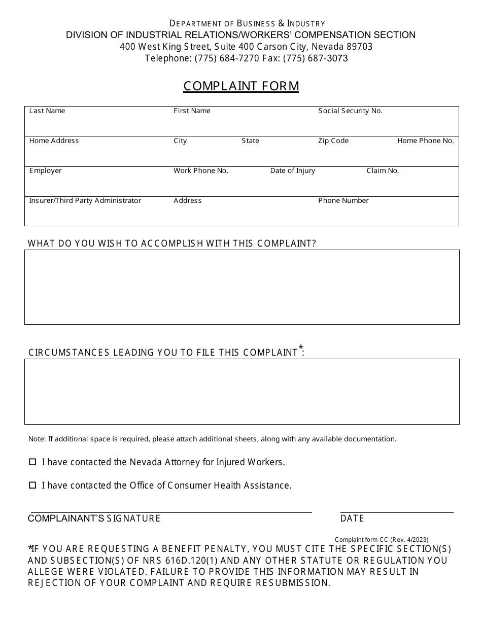 Northern Complaint Form - Nevada, Page 1