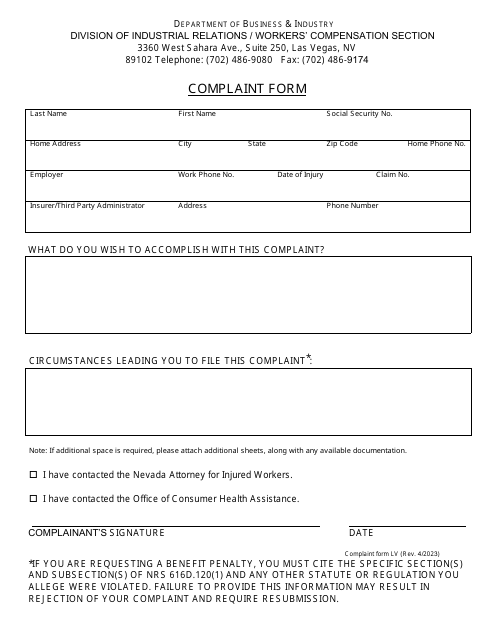 Southern Complaint Form - Nevada Download Pdf