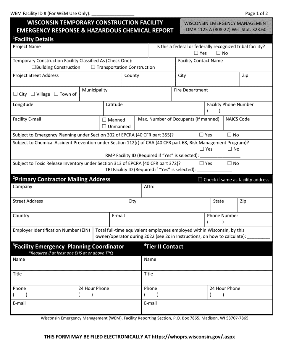 Form DMA1125A Wisconsin Temporary Construction Facility Emergency Response  Hazardous Chemical Report - Wisconsin, Page 1