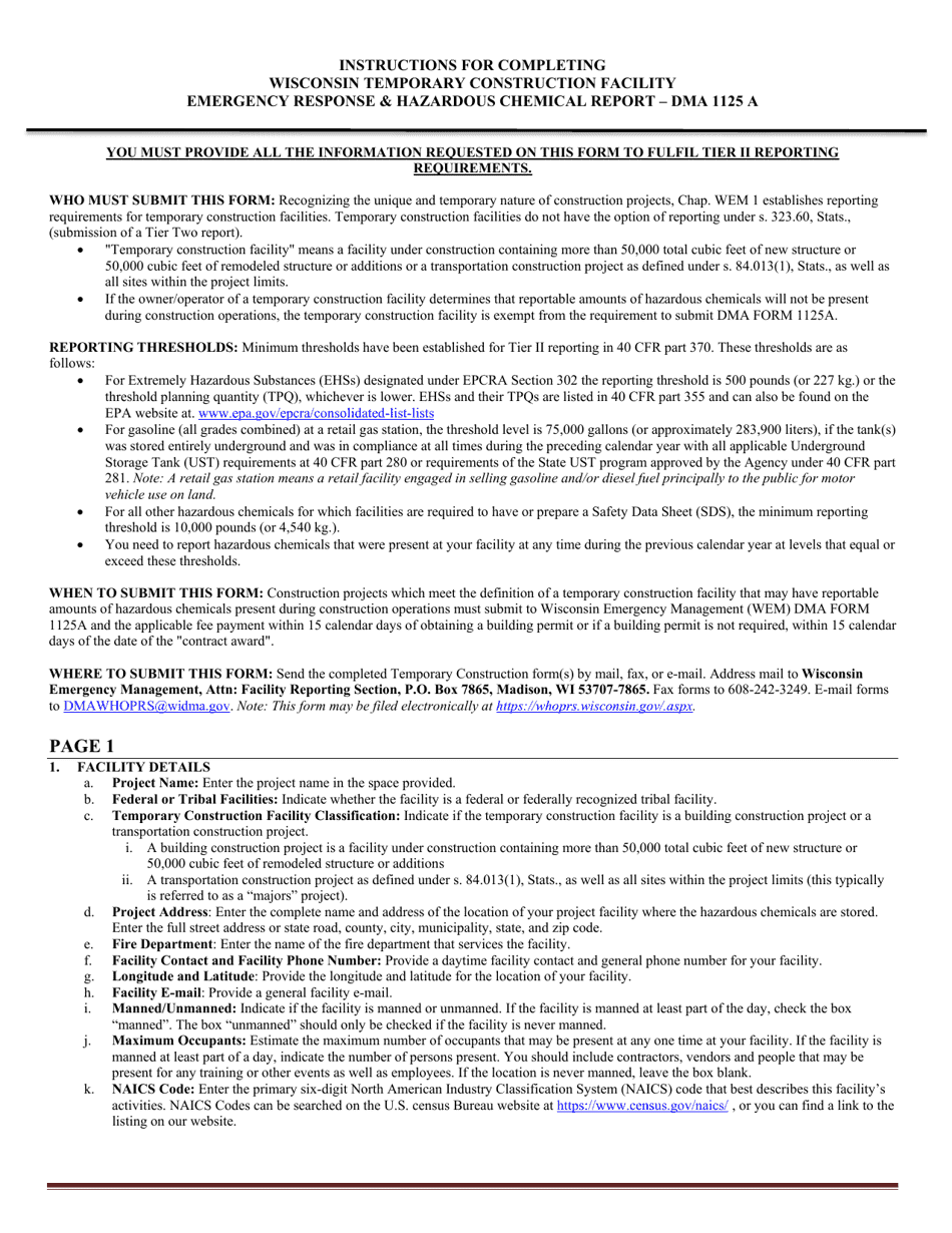 Form DMA1125A Wisconsin Temporary Construction Facility Emergency Response  Hazardous Chemical Report - Wisconsin, Page 3