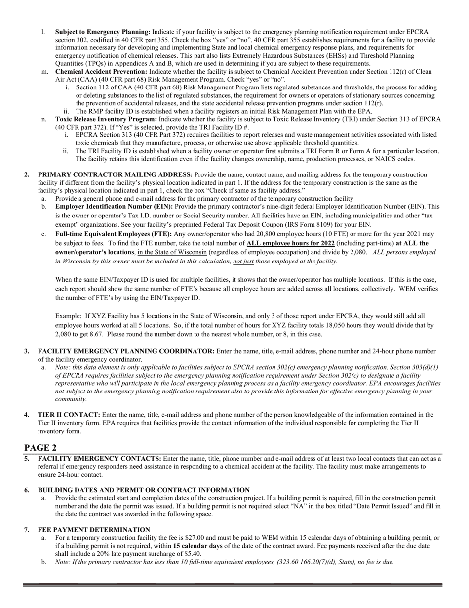 Form DMA1125A Wisconsin Temporary Construction Facility Emergency Response  Hazardous Chemical Report - Wisconsin, Page 4