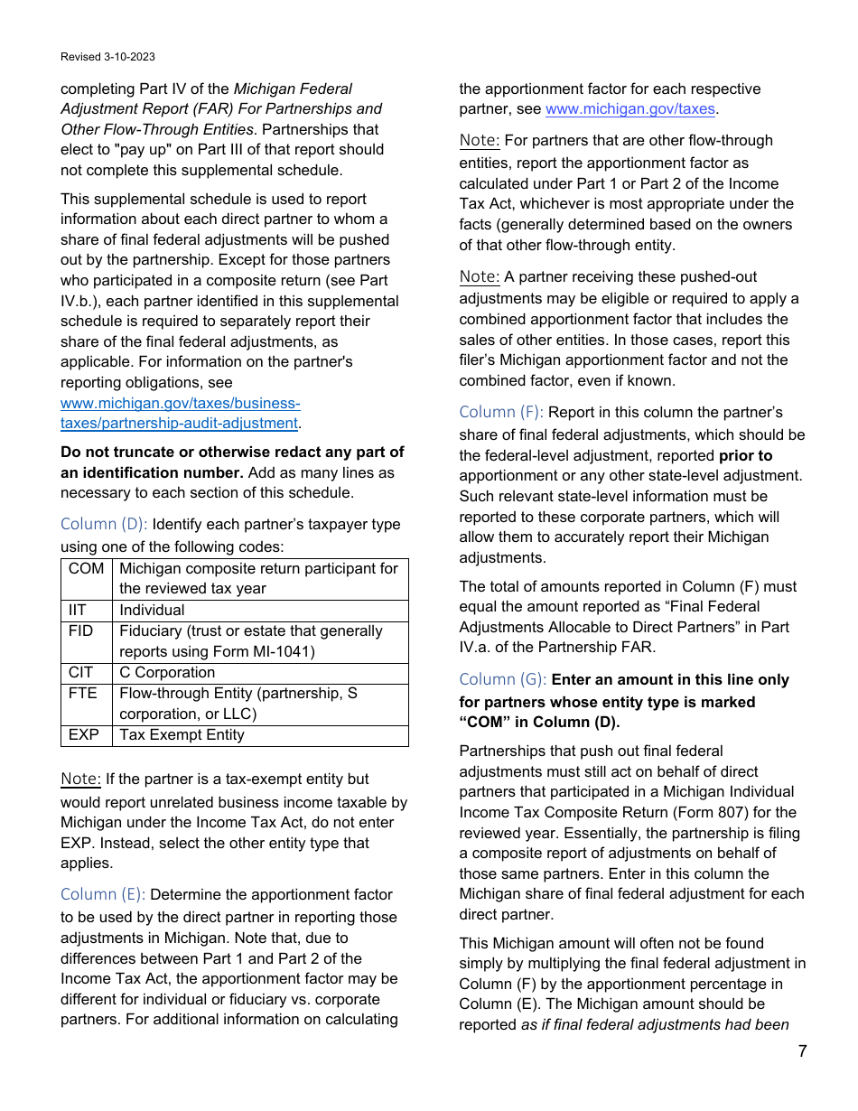 Download Instructions for Form 5870 Michigan Federal Adjustments Report ...