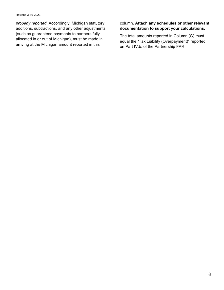 Instructions for Form 5870 Michigan Federal Adjustments Report (Far) for Partnerships and Other Flow-Through Entities - Michigan, Page 8