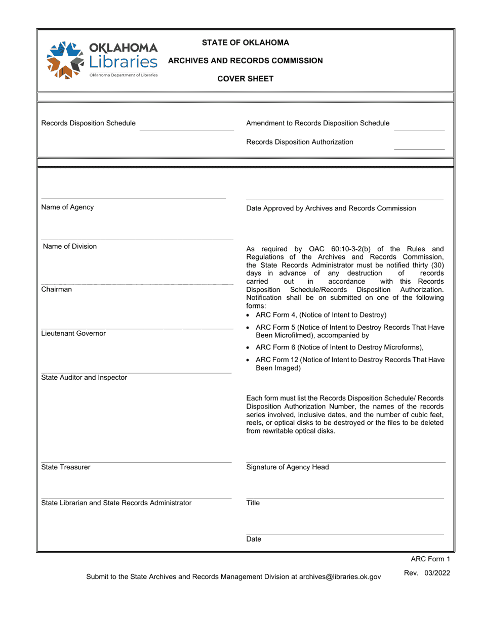 ARC Form 1 Cover Sheet - Oklahoma, Page 1
