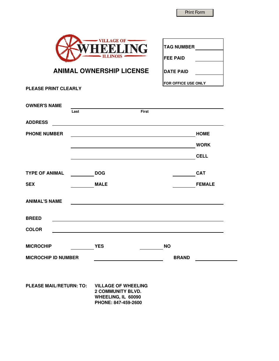 Village of Wheeling, Illinois Animal Ownership License Fill Out, Sign