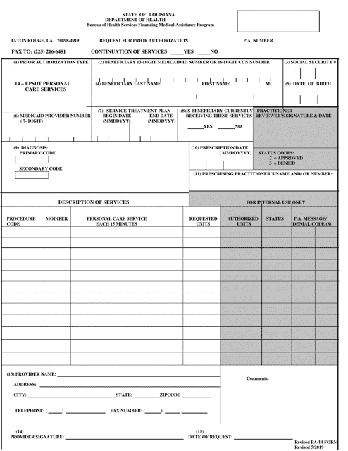 Form PA-14 Request for Prior Authorization - Louisiana