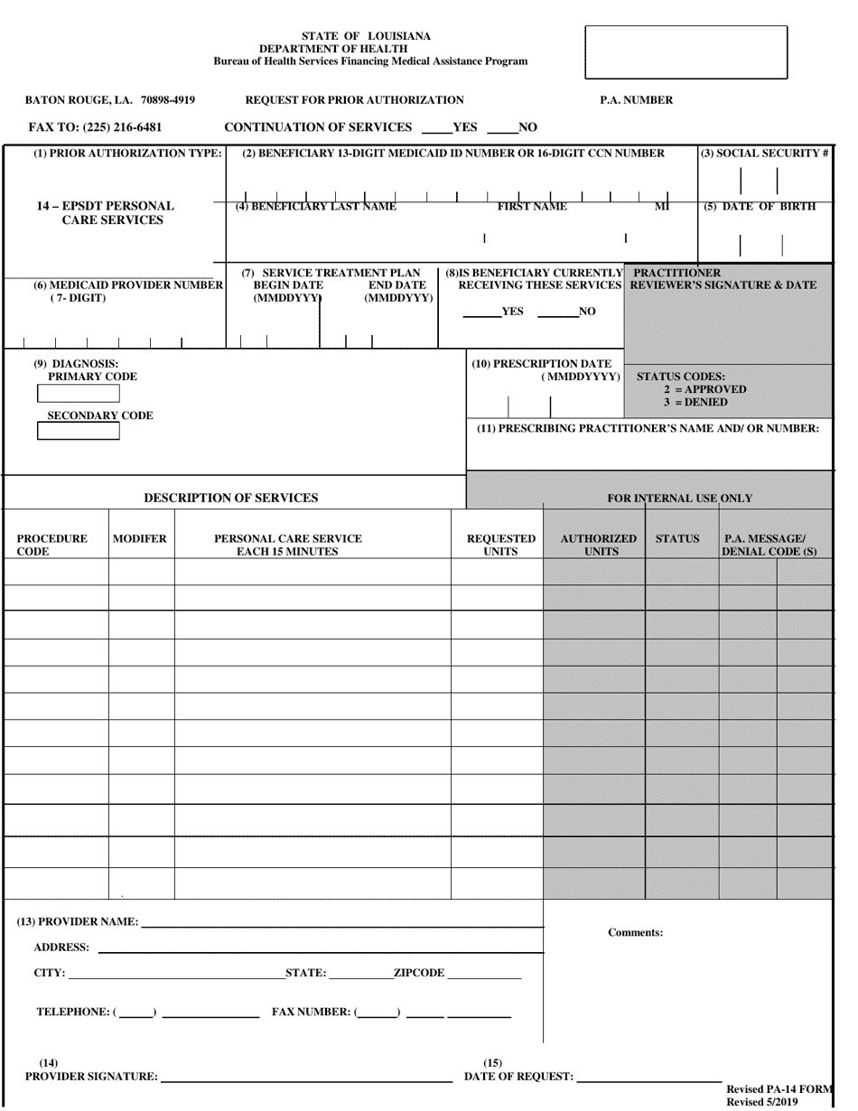 Form PA-14 Request for Prior Authorization - Louisiana, Page 1