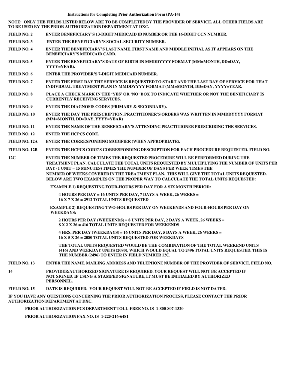 Form PA-14 Request for Prior Authorization - Louisiana, Page 2