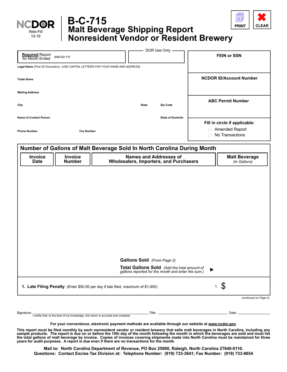 Form B-C-715 Malt Beverage Shipping Report - Nonresident Vendor or Resident Brewery - North Carolina, Page 1