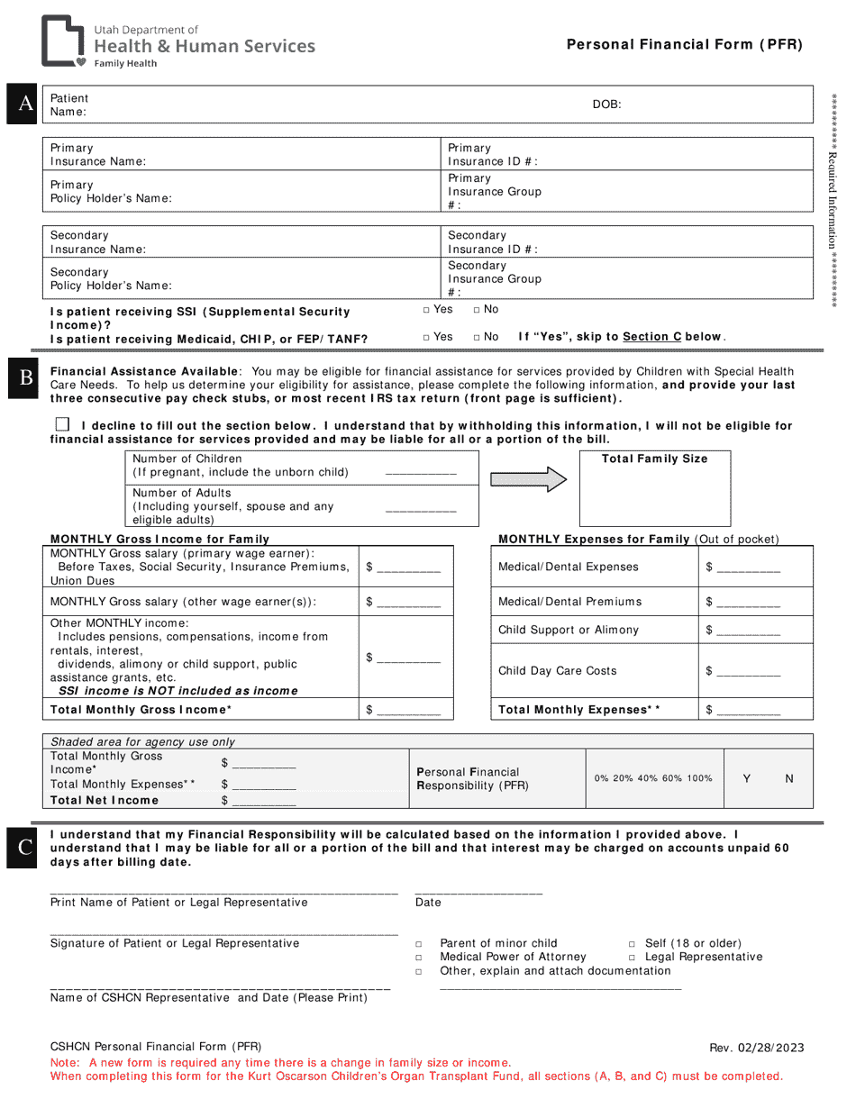Personal Financial Form (Pfr) - Utah, Page 1