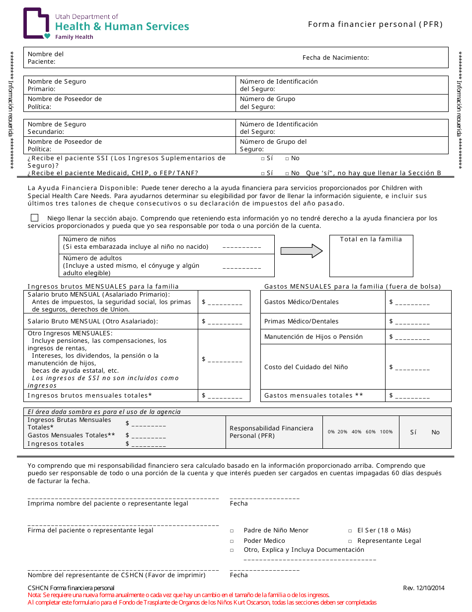 Forma Financier Personal (Pfr) - Utah (Spanish), Page 1