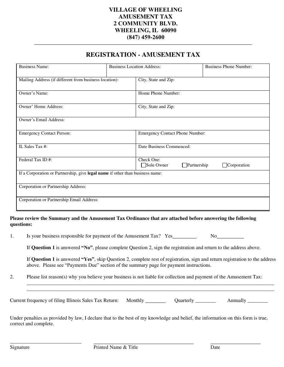 Village of Wheeling, Illinois Registration - Amusement Tax - Fill Out ...