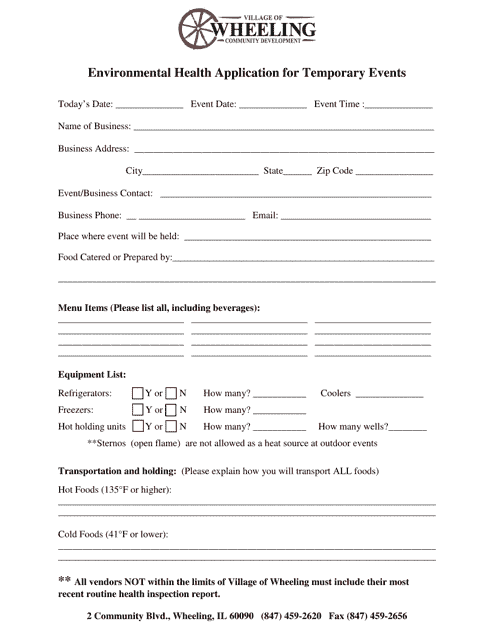 Environmental Health Application for Temporary Events - Village of Wheeling, Illinois Download Pdf