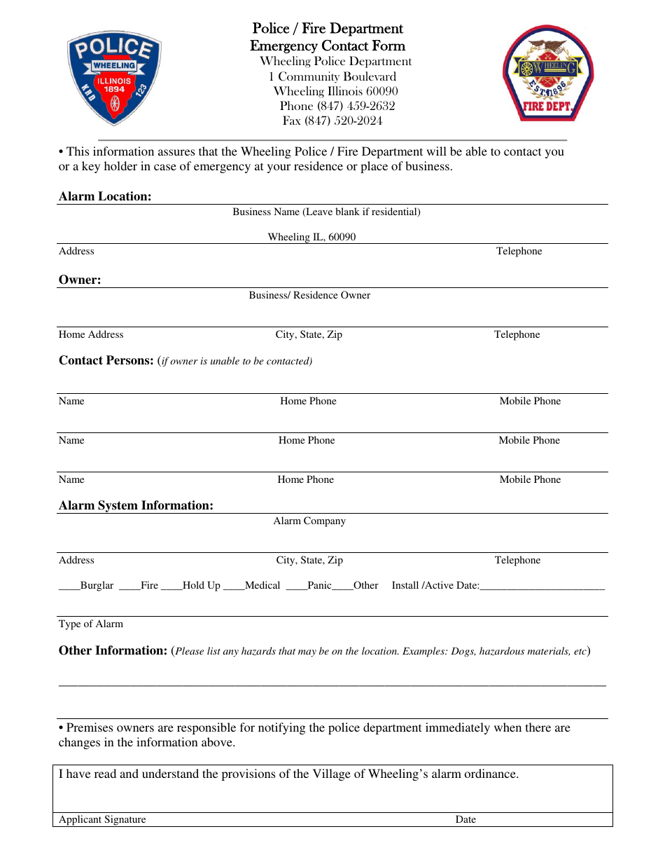 Police / Fire Emergency Contact Form - Village of Wheeling, Illinois, Page 1