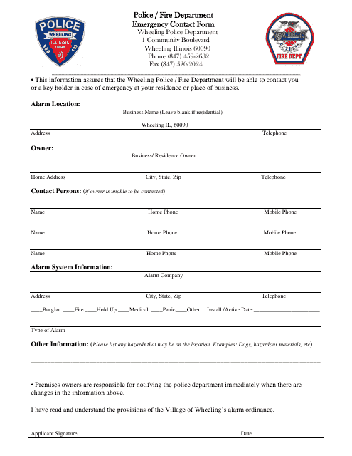 Police / Fire Emergency Contact Form - Village of Wheeling, Illinois Download Pdf