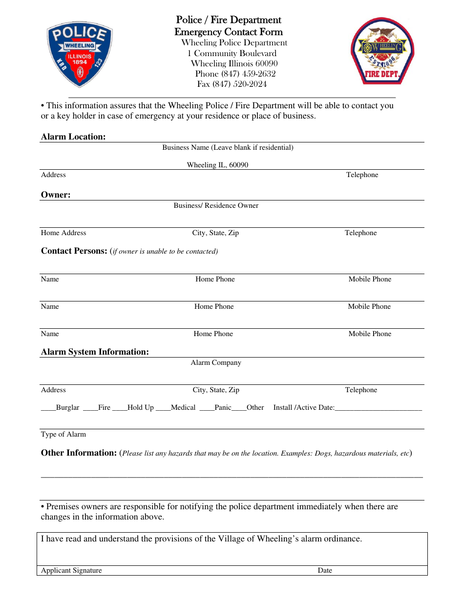 Village of Wheeling, Illinois Police/Fire Emergency Contact Form Fill