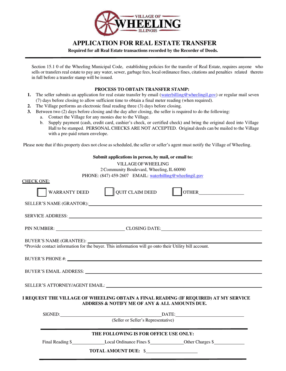 Village of Wheeling, Illinois Application for Real Estate Transfer