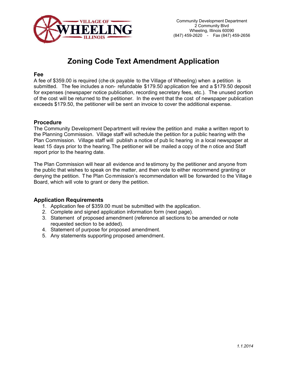Village of Wheeling, Illinois Zoning Code Text Amendment Application Fill Out, Sign Online and