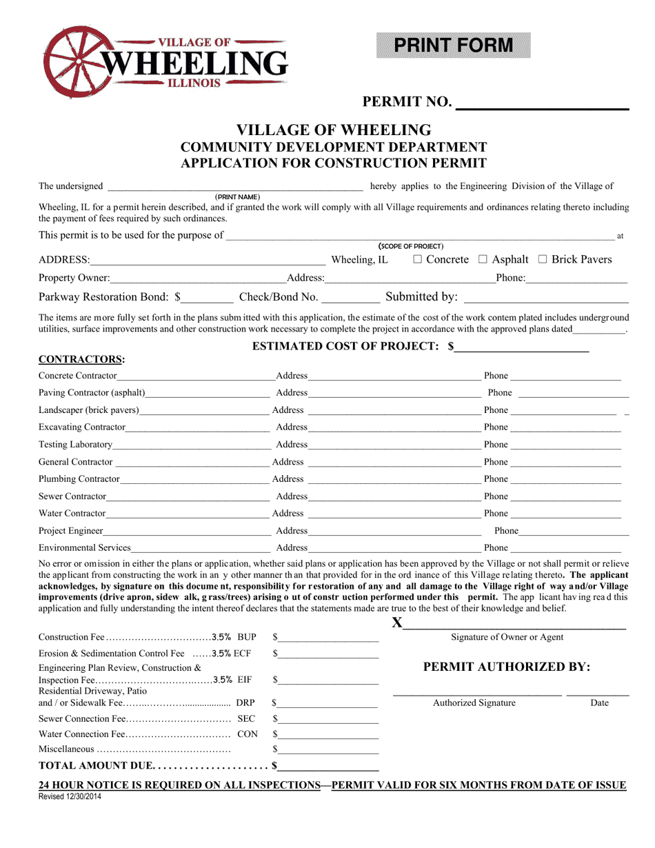 Village of Wheeling, Illinois Application for Construction Permit