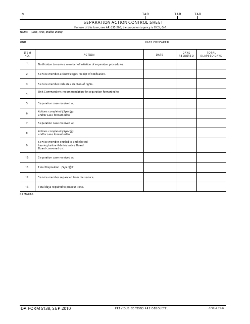 DA Form 5138 Separation Action Control Sheet