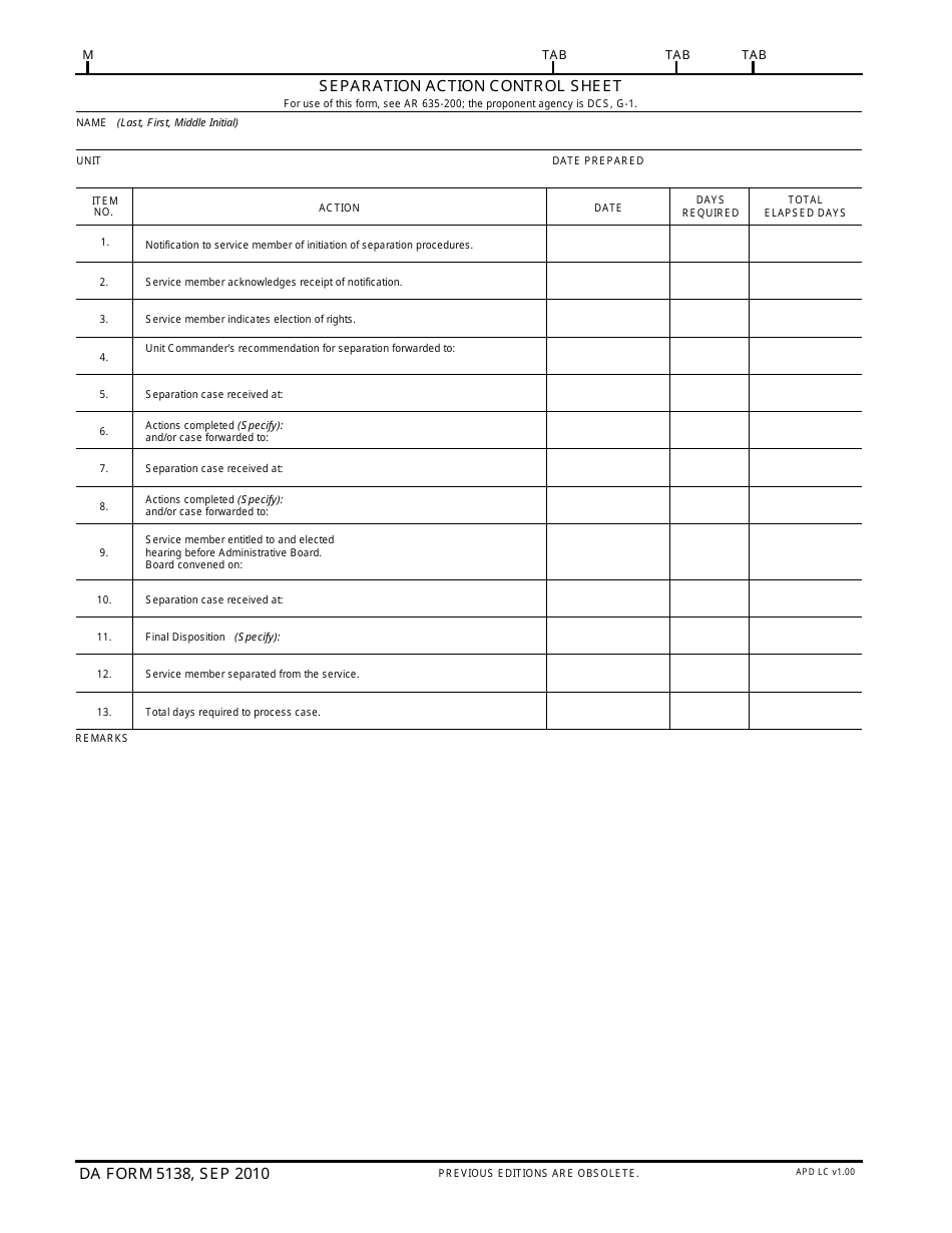 DA Form 5138 Separation Action Control Sheet, Page 1