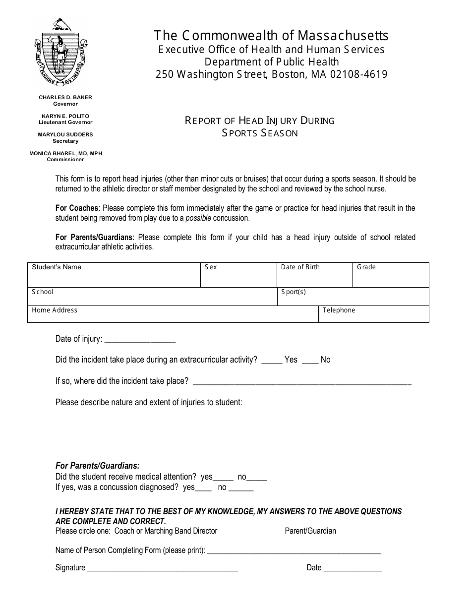 Head Injury Report Example Massachusetts Report of Head Injury During Sports Season - Fill Out ...
