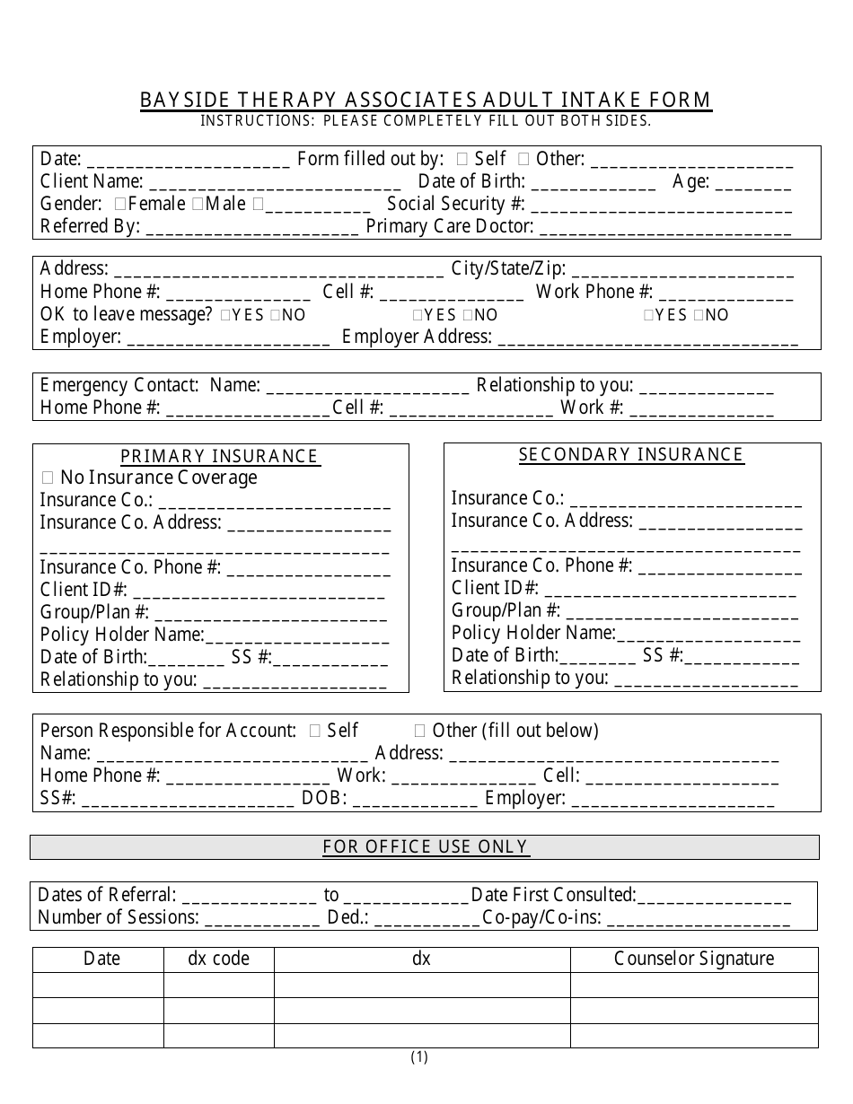 Adult Intake Form Bayside Therapy Associates Fill Out Sign Online And Download Pdf 