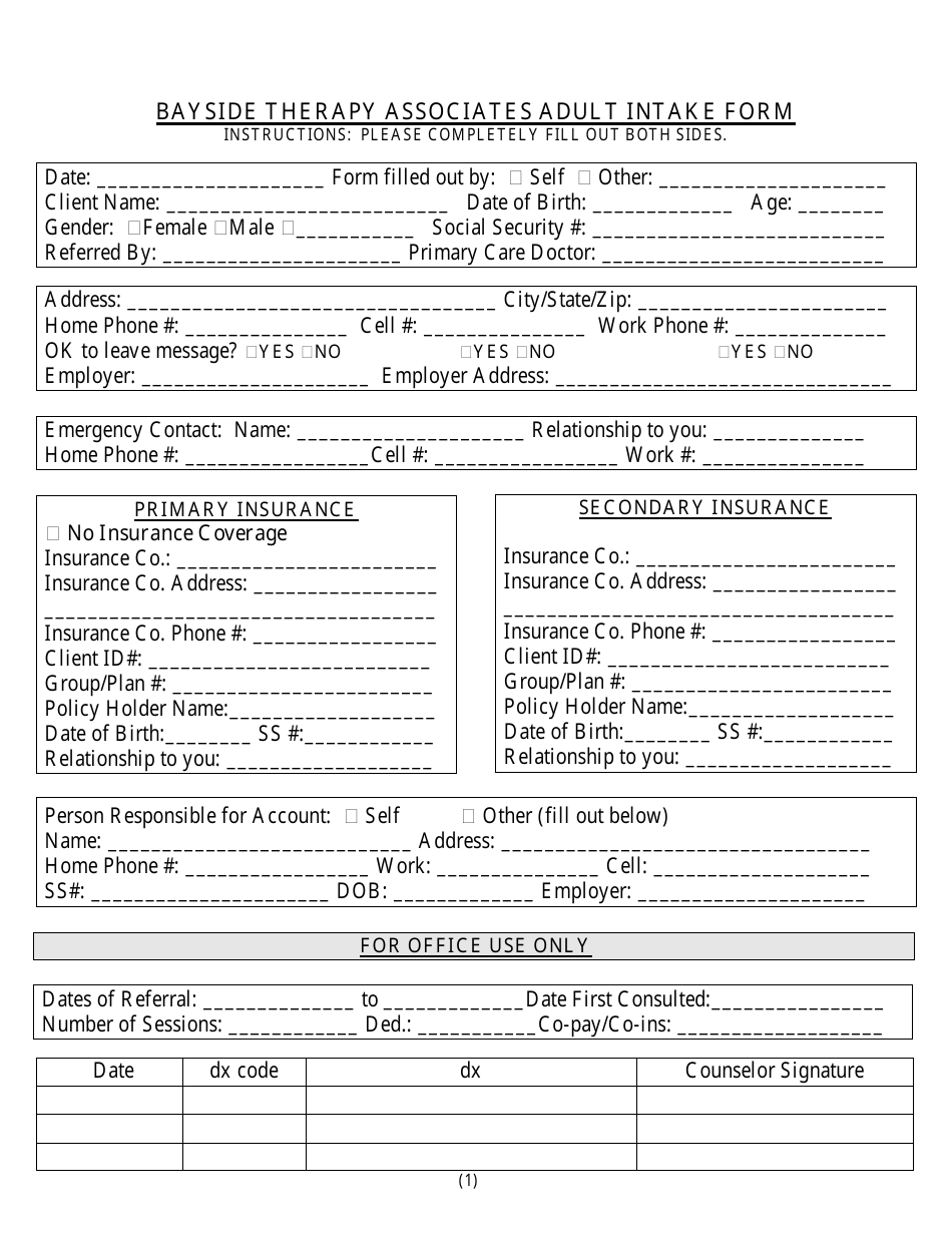 Adult Intake Form - Bayside Therapy Associates, Page 1