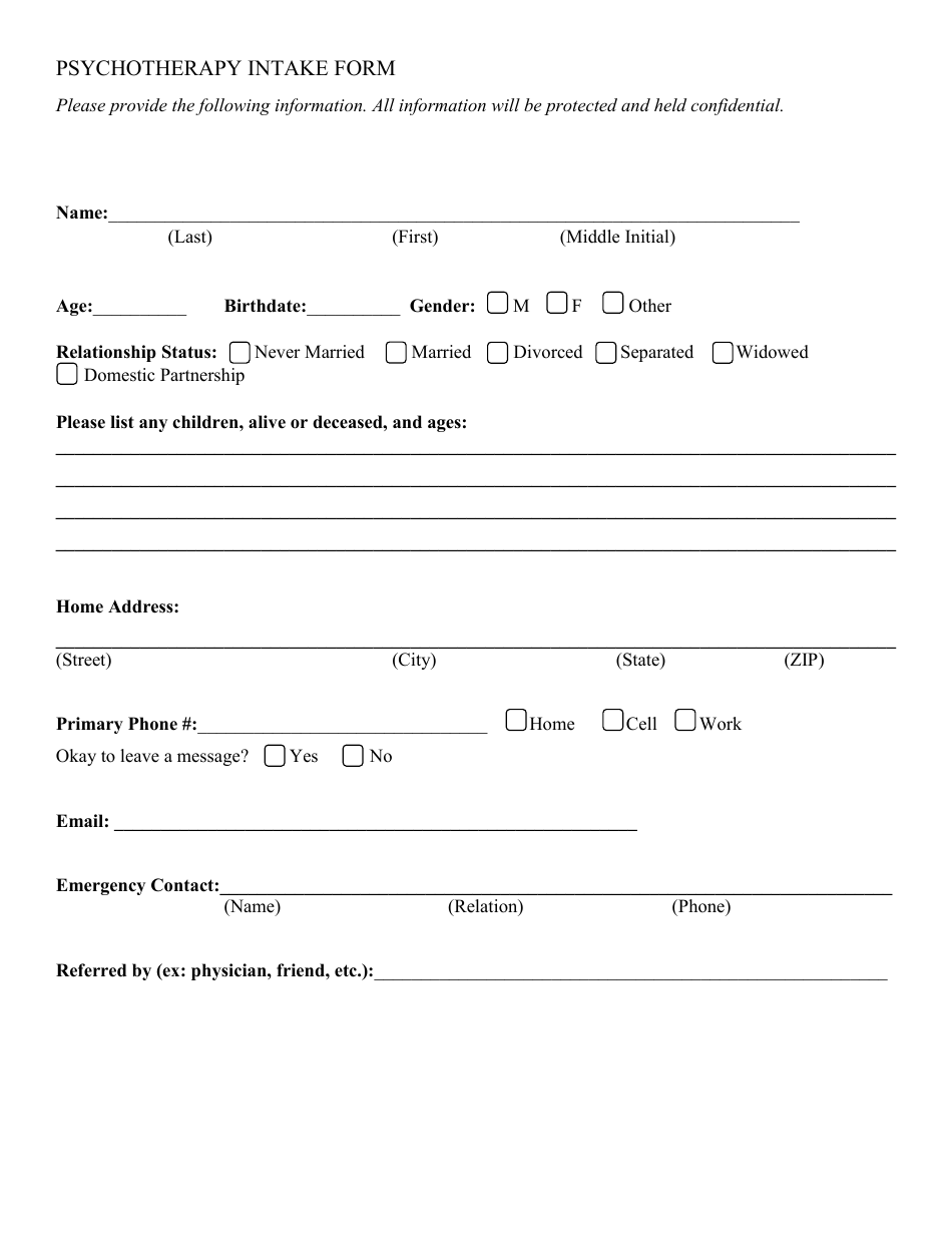 Psychotherapy Intake Form - Fill Out, Sign Online and Download PDF ...