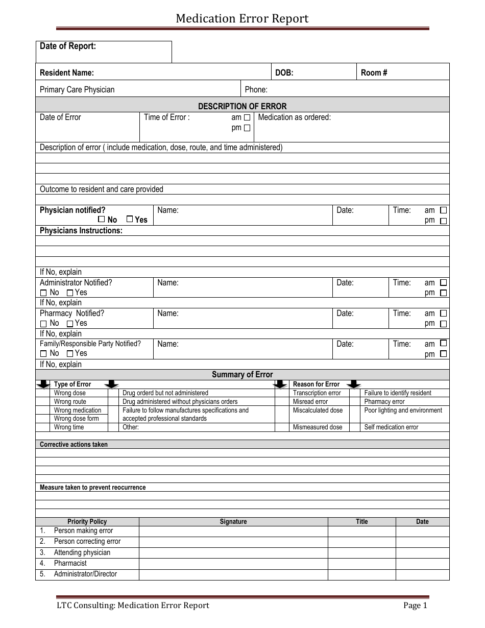 Free Printable Medication Error Forms