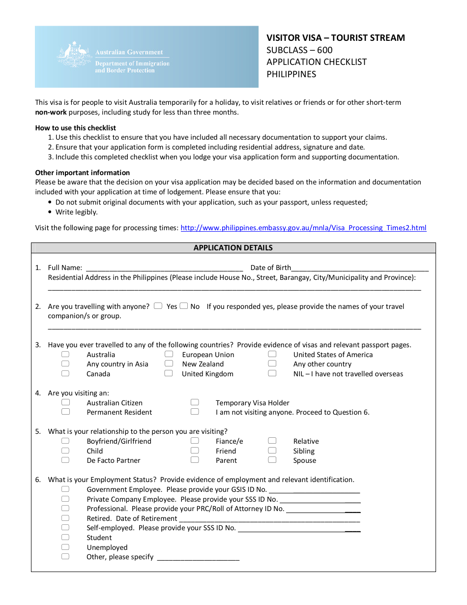 Philippines Australia Visitor Visa Application Form Embassy Of Australia Fill Out Sign