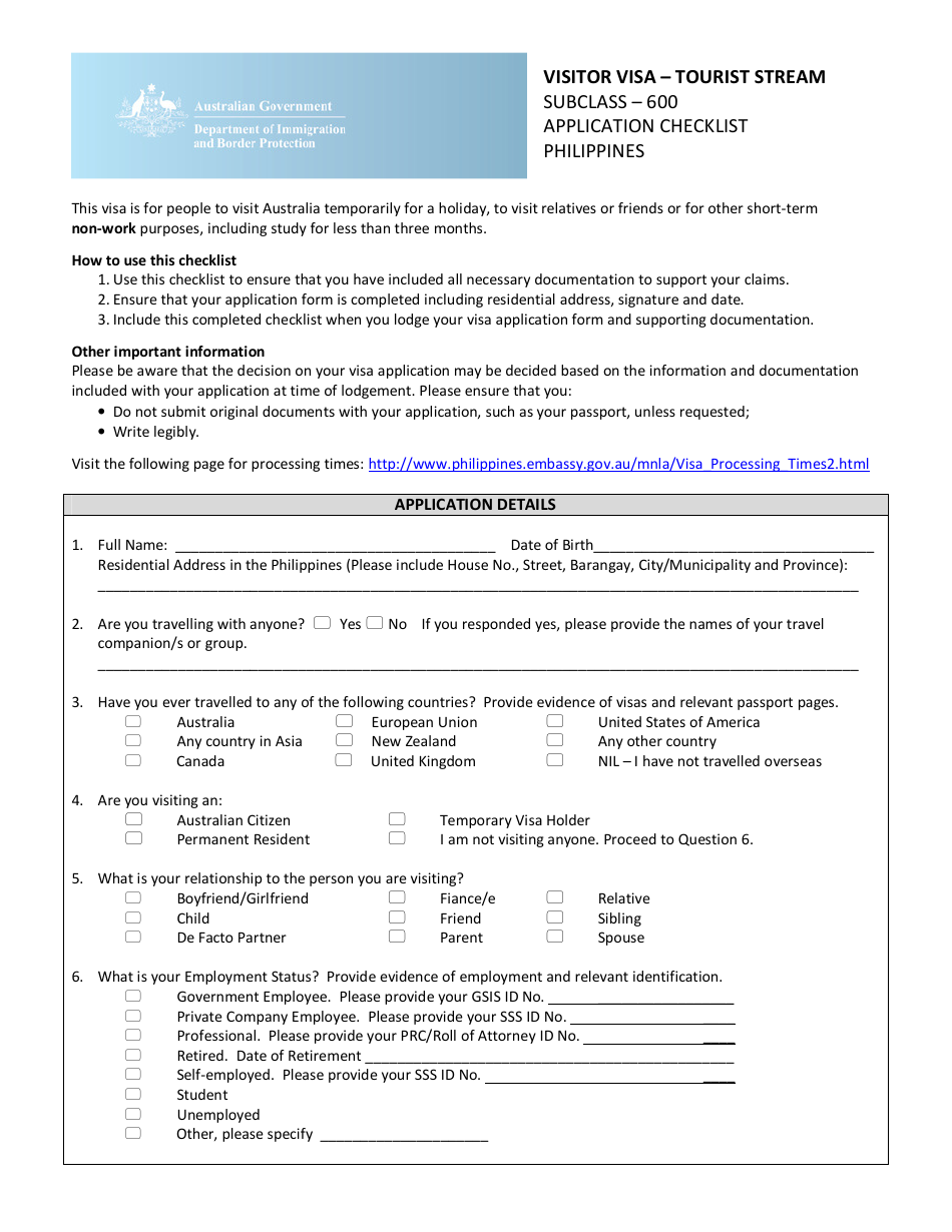Australia Visitor Visa Application Form  Embassy of Australia - Philippines, Page 1