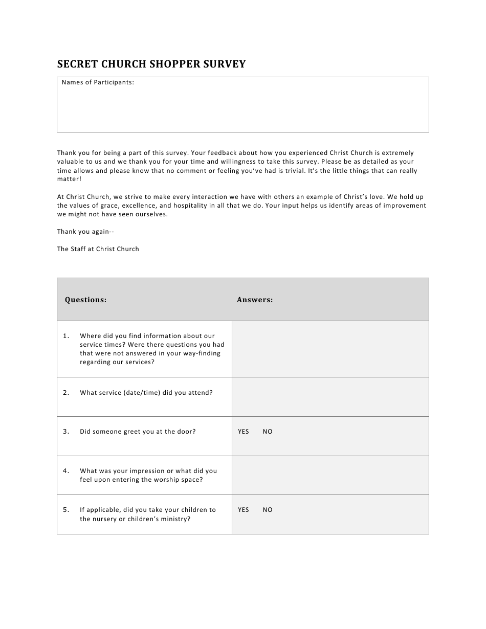 Secret Church Shopper Survey Form - Christ Church, Page 1
