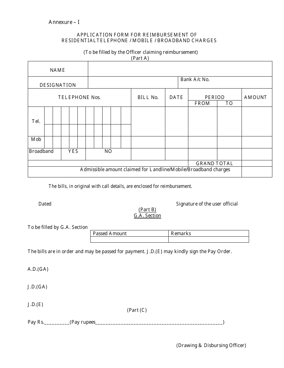 Annexure I Application Form for Reimbursement of Residential Telephone / Mobile / Broadband Charges - India, Page 1