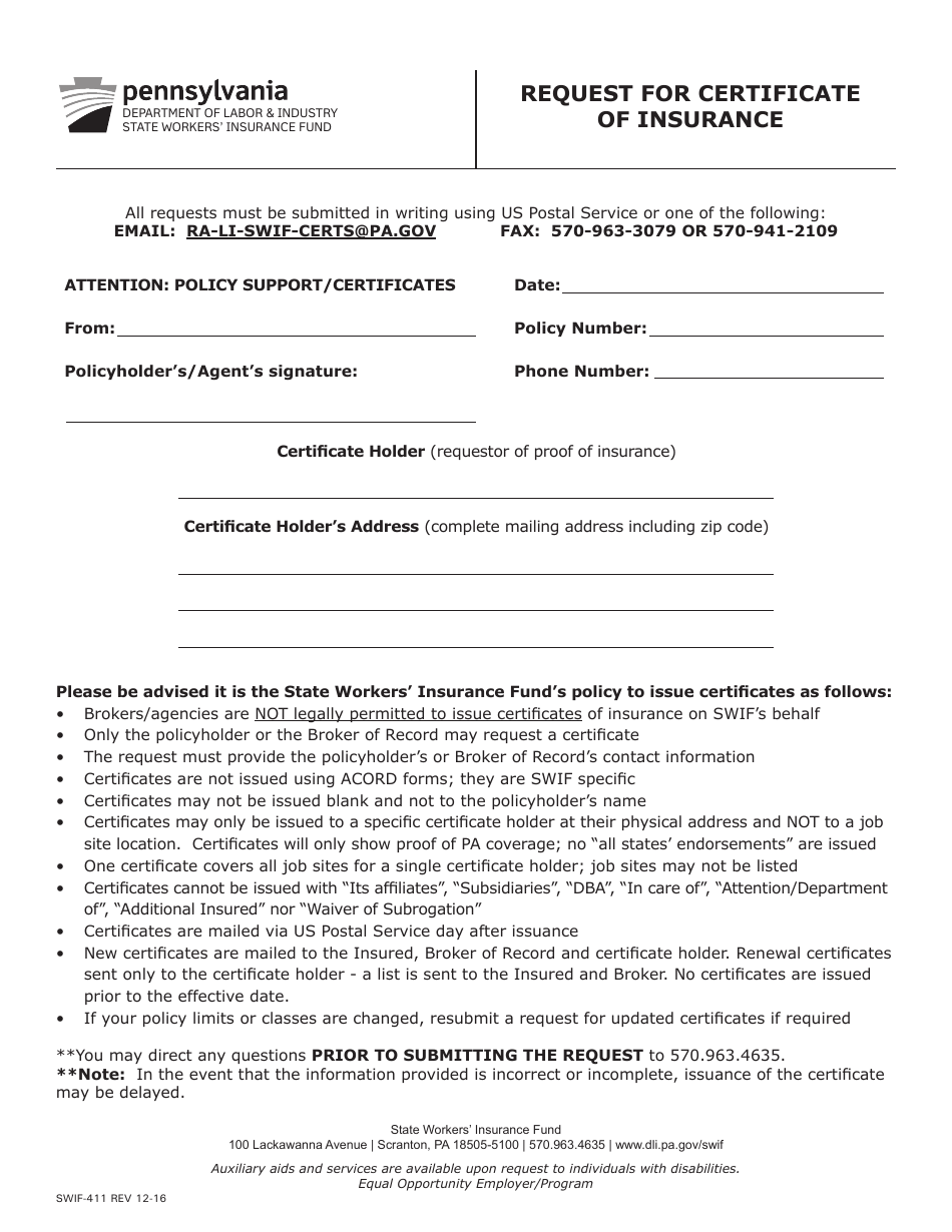 Form SWIF-411 Request for Certificate of Insurance - Pennsylvania, Page 1