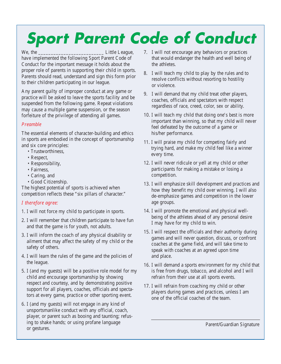 Sport Parent Code of Conduct Template - Preview Image