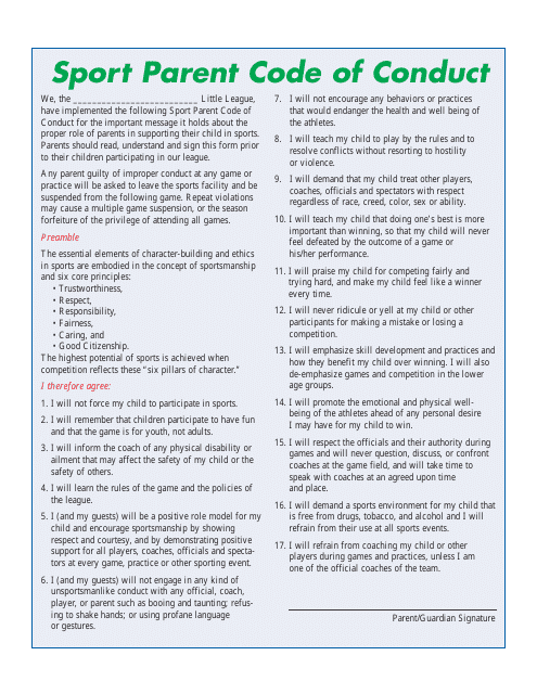 Sport Parent Code of Conduct Template - Preview Image